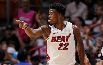 MIAMI, FLORIDA - OCTOBER 29:  Jimmy Butler #22 of the Miami Heat reacts after a basket against the Atlanta Hawks during the first half at American Airlines Arena on October 29, 2019 in Miami, Florida. NOTE TO USER: User expressly acknowledges and agrees that, by downloading and/or using this photograph, user is consenting to the terms and conditions of the Getty Images License Agreement. (Photo by Michael Reaves/Getty Images)
