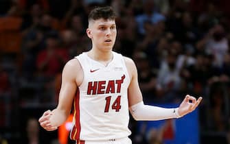 MIAMI, FLORIDA - OCTOBER 29:  Tyler Herro #14 of the Miami Heat celebrates a three pointer against the Atlanta Hawks during the second half at American Airlines Arena on October 29, 2019 in Miami, Florida. NOTE TO USER: User expressly acknowledges and agrees that, by downloading and/or using this photograph, user is consenting to the terms and conditions of the Getty Images License Agreement. (Photo by Michael Reaves/Getty Images)