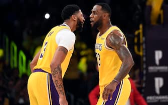 LOS ANGELES, CA - OCTOBER 29: LeBron James #23 is congratulated by Anthony Davis #3 of the Los Angeles Lakers after scoring a basket against Memphis Grizzlies during the second half at Staples Center on October 29, 2019 in Los Angeles, California. NOTE TO USER: User expressly acknowledges and agrees that, by downloading and/or using this Photograph, user is consenting to the terms and conditions of the Getty Images License Agreement.(Photo by Kevork Djansezian/Getty Images)