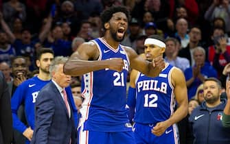 PHILADELPHIA, PA - OCTOBER 30: Joel Embiid #21 of the Philadelphia 76ers reacts after getting ejected for fighting Karl-Anthony Towns #32 of the Minnesota Timberwolves (not pictured) in the third quarter at the Wells Fargo Center on October 30, 2019 in Philadelphia, Pennsylvania. NOTE TO USER: User expressly acknowledges and agrees that, by downloading and or using this photograph, User is consenting to the terms and conditions of the Getty Images License Agreement. (Photo by Mitchell Leff/Getty Images)
