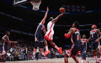 WASHINGTON, DC -¬† OCTOBER 30: James Harden #13 of the Houston Rockets dunks the ball against the Washington Wizards on October 30, 2019 at Capital One Arena in Washington, DC. NOTE TO USER: User expressly acknowledges and agrees that, by downloading and or using this Photograph, user is consenting to the terms and conditions of the Getty Images License Agreement. Mandatory Copyright Notice: Copyright 2019 NBAE (Photo by Ned Dishman/NBAE via Getty Images)