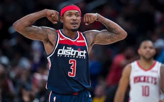 WASHINGTON, DC - OCTOBER 30: Bradley Beal #3 of the Washington Wizards reacts to a play against the Houston Rockets during the second half at Capital One Arena on October 30, 2019 in Washington, DC. NOTE TO USER: User expressly acknowledges and agrees that, by downloading and or using this photograph, User is consenting to the terms and conditions of the Getty Images License Agreement. (Photo by Scott Taetsch/Getty Images)