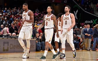 CLEVELAND, OH - OCTOBER 30: Tristan Thompson #13, Jordan Clarkson #8, and Kevin Love #0 of the Cleveland Cavaliers walk on the court against the Chicago Bulls on October 30, 2019 at Quicken Loans Arena in Cleveland, Ohio. NOTE TO USER: User expressly acknowledges and agrees that, by downloading and/or using this Photograph, user is consenting to the terms and conditions of the Getty Images License Agreement. Mandatory Copyright Notice: Copyright 2019 NBAE (Photo by David Liam Kyle/NBAE via Getty Images)