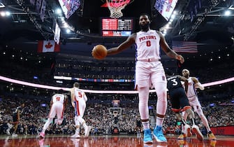 TORONTO, ON - OCTOBER 30:  Andre Drummond #0 of the Detroit Pistons prepares to inbound the ball during the second half of an NBA game against the Toronto Raptors at Scotiabank Arena on October 30, 2019 in Toronto, Canada.  NOTE TO USER: User expressly acknowledges and agrees that, by downloading and or using this photograph, User is consenting to the terms and conditions of the Getty Images License Agreement.  (Photo by Vaughn Ridley/Getty Images)