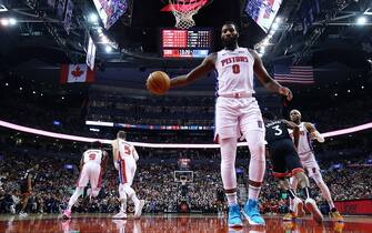 TORONTO, ON - OCTOBER 30:  Andre Drummond #0 of the Detroit Pistons prepares to inbound the ball during the second half of an NBA game against the Toronto Raptors at Scotiabank Arena on October 30, 2019 in Toronto, Canada.  NOTE TO USER: User expressly acknowledges and agrees that, by downloading and or using this photograph, User is consenting to the terms and conditions of the Getty Images License Agreement.  (Photo by Vaughn Ridley/Getty Images)