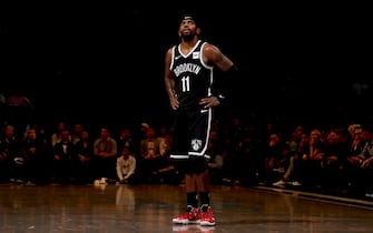 BROOKLYN, NY - OCTOBER 30: Kyrie Irving #11 of the Brooklyn Nets looks on against the Indiana Pacers on October 30, 2019 at Barclays Center in Brooklyn, New York. NOTE TO USER: User expressly acknowledges and agrees that, by downloading and or using this Photograph, user is consenting to the terms and conditions of the Getty Images License Agreement. Mandatory Copyright Notice: Copyright 2019 NBAE (Photo by Nathaniel S. Butler/NBAE via Getty Images)