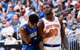 ORLANDO, FL - OCTOBER 30: Terrence Ross #8 of the Orlando Magic and Julius Randle #30 of the New York Knicks look on during the game on October 30, 2019 at Amway Center in Orlando, Florida. NOTE TO USER: User expressly acknowledges and agrees that, by downloading and or using this photograph, User is consenting to the terms and conditions of the Getty Images License Agreement. Mandatory Copyright Notice: Copyright 2019 NBAE (Photo by Fernando Medina/NBAE via Getty Images)