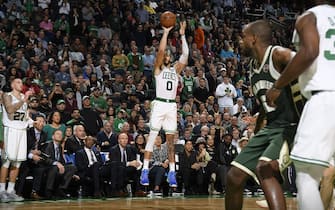 BOSTON, MA - OCTOBER 30: Jayson Tatum #0 of the Boston Celtics shoots the ball against the Milwaukee Bucks on October 30, 2019 at the TD Garden in Boston, Massachusetts.  NOTE TO USER: User expressly acknowledges and agrees that, by downloading and or using this photograph, User is consenting to the terms and conditions of the Getty Images License Agreement. Mandatory Copyright Notice: Copyright 2019 NBAE  (Photo by Brian Babineau/NBAE via Getty Images)