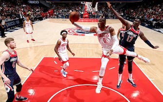WASHINGTON, DC -Â  OCTOBER 30: Russell Westbrook #0 of the Houston Rockets shoots the ball against the Washington Wizards on October 30, 2019 at Capital One Arena in Washington, DC. NOTE TO USER: User expressly acknowledges and agrees that, by downloading and or using this Photograph, user is consenting to the terms and conditions of the Getty Images License Agreement. Mandatory Copyright Notice: Copyright 2019 NBAE (Photo by Stephen Gosling/NBAE via Getty Images)