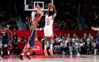 WASHINGTON, DC -Â  OCTOBER 30: James Harden #13 of the Houston Rockets shoots the ball against the Washington Wizards on October 30, 2019 at Capital One Arena in Washington, DC. NOTE TO USER: User expressly acknowledges and agrees that, by downloading and or using this Photograph, user is consenting to the terms and conditions of the Getty Images License Agreement. Mandatory Copyright Notice: Copyright 2019 NBAE (Photo by Stephen Gosling/NBAE via Getty Images)