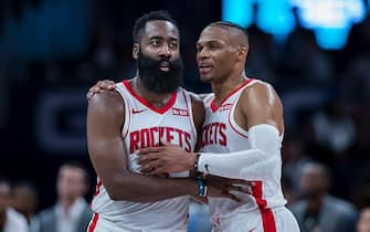 WASHINGTON, DC - OCTOBER 30: James Harden #13 of the Houston Rockets speaks with Russell Westbrook #0 during a break in the action against the Washington Wizards in the second half at Capital One Arena on October 30, 2019 in Washington, DC. NOTE TO USER: User expressly acknowledges and agrees that, by downloading and or using this photograph, User is consenting to the terms and conditions of the Getty Images License Agreement. (Photo by Scott Taetsch/Getty Images)