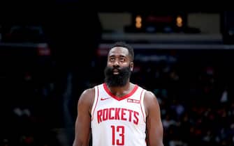 WASHINGTON, DC -Â  OCTOBER 30: James Harden #13 of the Houston Rockets looks on against the Washington Wizards on October 30, 2019 at Capital One Arena in Washington, DC. NOTE TO USER: User expressly acknowledges and agrees that, by downloading and or using this Photograph, user is consenting to the terms and conditions of the Getty Images License Agreement. Mandatory Copyright Notice: Copyright 2019 NBAE (Photo by Stephen Gosling/NBAE via Getty Images)