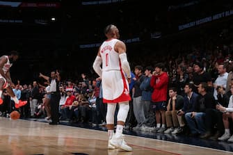 WASHINGTON, DC -Â  OCTOBER 30: Russell Westbrook #0 of the Houston Rockets reacts to win against the Washington Wizards on October 30, 2019 at Capital One Arena in Washington, DC. NOTE TO USER: User expressly acknowledges and agrees that, by downloading and or using this Photograph, user is consenting to the terms and conditions of the Getty Images License Agreement. Mandatory Copyright Notice: Copyright 2019 NBAE (Photo by Ned Dishman/NBAE via Getty Images)