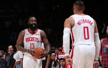 WASHINGTON, DC -Â  OCTOBER 30: James Harden #13 of the Houston Rockets and Russell Westbrook #0 of the Houston Rockets react to win against the Washington Wizards on October 30, 2019 at Capital One Arena in Washington, DC. NOTE TO USER: User expressly acknowledges and agrees that, by downloading and or using this Photograph, user is consenting to the terms and conditions of the Getty Images License Agreement. Mandatory Copyright Notice: Copyright 2019 NBAE (Photo by Ned Dishman/NBAE via Getty Images)
