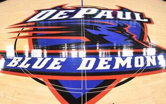 CHICAGO, IL - JANUARY 12:  The DePaul Blue Demons logo on the floor during a women's college basketball game against the Xavier Musketeers at Wintrust Arena on January 12, 2018 in Chicago, Illinois.  The Blue Demons won 79-48.  (Photo by Mitchell Layton/Getty Images) *** Local Caption ***