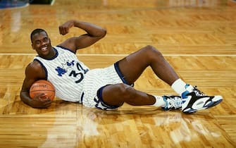 ORLANDO, FL - 1993:  Shaquille O'Neal #32 of the Orlando Magic poses for a portrait on the court at the TD Waterhouse Centre circa 1993 in Orlando, Florida.  NOTE TO USER: User expressly acknowledges and agrees that, by downloading and/or using this Photograph, user is consenting to the terms and conditions of the Getty Images License Agreement.  Mandatory Copyright Notice: Copyright 1993 NBAE (Photo by Barry Gossage/NBAE via Getty Images)
