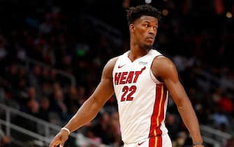ATLANTA, GEORGIA - OCTOBER 31:  Jimmy Butler #22 of the Miami Heat reacts during the first half against the Atlanta Hawks at State Farm Arena on October 31, 2019 in Atlanta, Georgia.  NOTE TO USER: User expressly acknowledges and agrees that, by downloading and/or using this photograph, user is consenting to the terms and conditions of the Getty Images License Agreement. (Photo by Kevin C. Cox/Getty Images)