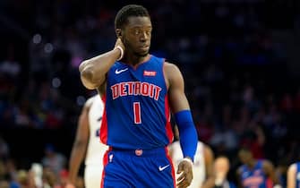 PHILADELPHIA, PA - OCTOBER 15: Reggie Jackson #1 of the Detroit Pistons looks on against the Philadelphia 76ers during the preseason game at the Wells Fargo Center on October 15, 2019 in Philadelphia, Pennsylvania. The 76ers defeated the Pistons 106-86. NOTE TO USER: User expressly acknowledges and agrees that, by downloading and or using this photograph, User is consenting to the terms and conditions of the Getty Images License Agreement. (Photo by Mitchell Leff/Getty Images)