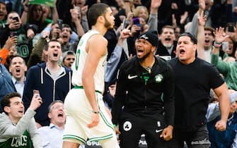 BOSTON, MA - NOVEMBER 1: Fans react after Jayson Tatum #0 of the Boston Celtics hit the game winning shot against the New York Knicks in the second half at TD Garden on November 1, 2019 in Boston, Massachusetts. NOTE TO USER: User expressly acknowledges and agrees that, by downloading and or using this photograph, User is consenting to the terms and conditions of the Getty Images License Agreement. (Photo by Kathryn Riley/Getty Images) *** Local Caption *** Jayson Tatum