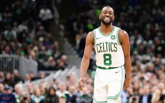 BOSTON, MA - NOVEMBER 1: Kemba Walker #8 of the Boston Celtics reacts against the New York Knicks in the second half at TD Garden on November 1, 2019 in Boston, Massachusetts. NOTE TO USER: User expressly acknowledges and agrees that, by downloading and or using this photograph, User is consenting to the terms and conditions of the Getty Images License Agreement. (Photo by Kathryn Riley/Getty Images)