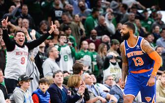 BOSTON, MA - NOVEMBER 1: Marcus Morris Sr. #13 of the New York Knicks reacts after hitting a game tying shot against the Boston Celtics late in the second half at TD Garden on November 1, 2019 in Boston, Massachusetts. NOTE TO USER: User expressly acknowledges and agrees that, by downloading and or using this photograph, User is consenting to the terms and conditions of the Getty Images License Agreement. (Photo by Kathryn Riley/Getty Images)
