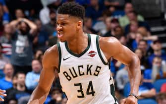 ORLANDO, FL - NOVEMBER 1: Giannis Antetokounmpo #34 of the Milwaukee Bucks runs down the court during a game against the Orlando Magic on November 1, 2019 at Amway Center in Orlando, Florida. NOTE TO USER: User expressly acknowledges and agrees that, by downloading and or using this photograph, User is consenting to the terms and conditions of the Getty Images License Agreement. Mandatory Copyright Notice: Copyright 2019 NBAE (Photo by Fernando Medina/NBAE via Getty Images)