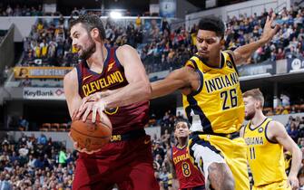 INDIANAPOLIS, IN - NOVEMBER 01: Kevin Love #0 of the Cleveland Cavaliers battles for a rebound against Jeremy Lamb #26 of the Indiana Pacers in the first half at Bankers Life Fieldhouse on November 1, 2019 in Indianapolis, Indiana. NOTE TO USER: User expressly acknowledges and agrees that, by downloading and or using this Photograph, user is consenting to the terms and conditions of the Getty Images License Agreement. (Photo by Joe Robbins/Getty Images)