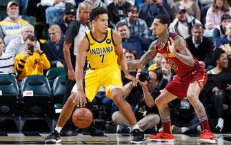 INDIANAPOLIS, IN - NOVEMBER 01: Malcolm Brogdon #7 of the Indiana Pacers handles the ball against Jordan Clarkson #8 of the Cleveland Cavaliers in the second half at Bankers Life Fieldhouse on November 1, 2019 in Indianapolis, Indiana. The Pacers defeated the Cavaliers 102-95. NOTE TO USER: User expressly acknowledges and agrees that, by downloading and or using this Photograph, user is consenting to the terms and conditions of the Getty Images License Agreement. (Photo by Joe Robbins/Getty Images)