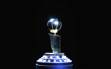 TORONTO, ON - OCTOBER 22: The Larry O'Brien Championship Trophy sits on a pedestal with the championship rings prior to the Toronto Raptors Ring Ceremony and NBA game against New Orleans Pelicans at Scotiabank Arena on October 22, 2019 in Toronto, Canada. NOTE TO USER: User expressly acknowledges and agrees that, by downloading and or using this photograph, User is consenting to the terms and conditions of the Getty Images License Agreement. (Photo by Vaughn Ridley/Getty Images)