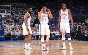 OKLAHOMA CITY, OK - JUNE 14: James Harden #13, Russell Westbrook #0 and Kevin Durant #35 of the Oklahoma City Thunder gets the play against the Miami Heat during Game Two of the 2012 NBA Finals at Chesapeake Energy Arena on June 14, 2012 in Oklahoma City, Oklahoma. NOTE TO USER: User expressly acknowledges and agrees that, by downloading and or using this Photograph, user is consenting to the terms and conditions of the Getty Images License Agreement. Mandatory Copyright Notice: Copyright 2012 NBAE (Photo by Garrett Ellwood/NBAE via Getty Images)