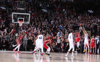 1179672325 PORTLAND, OR - NOVEMBER 2: Furkan Korkmaz #30 of the Philadelphia 76ers shoots a three-pointer to win the game against the Portland Trail Blazers on November 2, 2019 at the Moda Center Arena in Portland, Oregon. NOTE TO USER: User expressly acknowledges and agrees that, by downloading and or using this photograph, user is consenting to the terms and conditions of the Getty Images License Agreement. Mandatory Copyright Notice: Copyright 2019 NBAE (Photo by Sam Forencich/NBAE via Getty Images)