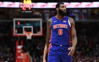 CHICAGO, ILLINOIS - NOVEMBER 01:  Andre Drummond #0 of the Detroit Pistons walks backcourt during a game against the Chicago Bulls at United Center on November 01, 2019 in Chicago, Illinois. NOTE TO USER: User expressly acknowledges and agrees that, by downloading and or using this photograph, User is consenting to the terms and conditions of the Getty Images License Agreement. (Photo by Stacy Revere/Getty Images)