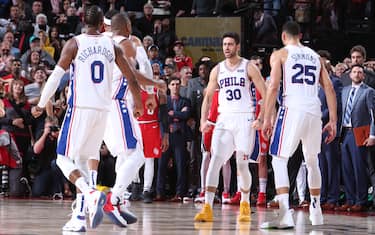 PORTLAND, OR - NOVEMBER 2: Furkan Korkmaz #30 of the Philadelphia 76ers reacts during a game against the Portland Trail Blazers on November 2, 2019 at the Moda Center Arena in Portland, Oregon. NOTE TO USER: User expressly acknowledges and agrees that, by downloading and or using this photograph, user is consenting to the terms and conditions of the Getty Images License Agreement. Mandatory Copyright Notice: Copyright 2019 NBAE (Photo by Sam Forencich/NBAE via Getty Images)