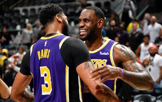 SAN ANTONIO, TX - NOVEMBER 3: Anthony Davis #3 and LeBron James #23 of the Los Angeles Lakers shake hands after a game against the San Antonio Spurs on November 3, 2019 at the AT&T Center in San Antonio, Texas. NOTE TO USER: User expressly acknowledges and agrees that, by downloading and or using this photograph, user is consenting to the terms and conditions of the Getty Images License Agreement. Mandatory Copyright Notice: Copyright 2019 NBAE (Photos by Logan Riely/NBAE via Getty Images)