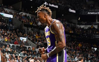 SAN ANTONIO, TX - NOVEMBER 3: Dwight Howard #39 of the Los Angeles Lakers reacts during a game against the San Antonio Spurs on November 3, 2019 at the AT&T Center in San Antonio, Texas. NOTE TO USER: User expressly acknowledges and agrees that, by downloading and or using this photograph, user is consenting to the terms and conditions of the Getty Images License Agreement. Mandatory Copyright Notice: Copyright 2019 NBAE (Photos by Logan Riely/NBAE via Getty Images)