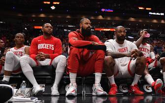 MIAMI, FLORIDA - NOVEMBER 03: (L-R) Russell Westbrook #0, Eric Gordon #10, Tyson Chandler #19, PJ Tucker #17 and Ben McLemore #16 of the Houston Rockets look on from the bench in the second half against the Miami Heat at American Airlines Arena on November 03, 2019 in Miami, Florida. NOTE TO USER: User expressly acknowledges and agrees that, by downloading and or using this photograph, User is consenting to the terms and conditions of the Getty Images License Agreement. (Photo by Mark Brown/Getty Images)