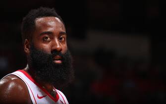 MIAMI, FL - NOVEMBER 3: James Harden #13 of the Houston Rockets looks on during a game against the Miami Heat on November 3, 2019 at American Airlines Arena in Miami, Florida. NOTE TO USER: User expressly acknowledges and agrees that, by downloading and or using this Photograph, user is consenting to the terms and conditions of the Getty Images License Agreement. Mandatory Copyright Notice: Copyright 2019 NBAE (Photo by Issac Baldizon/NBAE via Getty Images)