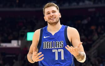 CLEVELAND, OHIO - NOVEMBER 03: Luka Doncic #77 of the Dallas Mavericks reacts after hitting a three during the first half against the Cleveland Cavaliers at Rocket Mortgage Fieldhouse on November 03, 2019 in Cleveland, Ohio. NOTE TO USER: User expressly acknowledges and agrees that, by downloading and/or using this photograph, user is consenting to the terms and conditions of the Getty Images License Agreement. (Photo by Jason Miller/Getty Images)