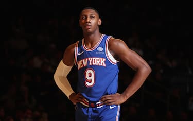 NEW YORK, NY - NOVEMBER 3: RJ Barrett #9 of the New York Knicks looks on during a game against the Sacramento Kings on November 3, 2019 at Madison Square Garden in New York City, New York.  NOTE TO USER: User expressly acknowledges and agrees that, by downloading and or using this photograph, User is consenting to the terms and conditions of the Getty Images License Agreement. Mandatory Copyright Notice: Copyright 2019 NBAE  (Photo by Nathaniel S. Butler/NBAE via Getty Images)