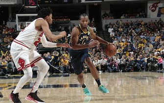 INDIANAPOLIS, IN - NOVEMBER 3: T.J. Warren #1 of the Indiana Pacers handles the ball against the Chicago Bulls on November 3, 2019 at Bankers Life Fieldhouse in Indianapolis, Indiana. NOTE TO USER: User expressly acknowledges and agrees that, by downloading and or using this Photograph, user is consenting to the terms and conditions of the Getty Images License Agreement. Mandatory Copyright Notice: Copyright 2019 NBAE (Photo by Ron Hoskins/NBAE via Getty Images)