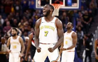 SAN FRANCISCO, CALIFORNIA - NOVEMBER 04:  Eric Paschall #7 of the Golden State Warriors reacts during their game against the Portland Trail Blazers at Chase Center on November 04, 2019 in San Francisco, California. NOTE TO USER: User expressly acknowledges and agrees that, by downloading and or using this photograph, User is consenting to the terms and conditions of the Getty Images License Agreement. (Photo by Ezra Shaw/Getty Images)
