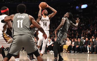 NEW YORK, NEW YORK - NOVEMBER 04: Brandon Ingram #14 of the New Orleans Pelicans lays up a shot against Taurean Prince #2 of the Brooklyn Nets during the game at Barclays Center on November 04, 2019 in New York City. NOTE TO USER: User expressly acknowledges and agrees that, by downloading and or using this photograph, User is consenting to the terms and conditions of the Getty Images License Agreement. (Photo by Matteo Marchi/Getty Images)
