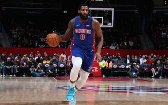 WASHINGTON, DC -  NOVEMBER 4: Andre Drummond #0 of the Detroit Pistons handles the ball against the Washington Wizards on November 4, 2019 at Capital One Arena in Washington, DC. NOTE TO USER: User expressly acknowledges and agrees that, by downloading and or using this Photograph, user is consenting to the terms and conditions of the Getty Images License Agreement. Mandatory Copyright Notice: Copyright 2019 NBAE (Photo by Stephen Gosling/NBAE via Getty Images)
