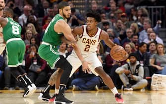 CLEVELAND, OHIO - NOVEMBER 05: Jayson Tatum #0 of the Boston Celtics guards Collin Sexton #2 of the Cleveland Cavaliers during the second half at Rocket Mortgage Fieldhouse on November 05, 2019 in Cleveland, Ohio. The Celtics defeated the Cavaliers 119-113. NOTE TO USER: User expressly acknowledges and agrees that, by downloading and/or using this photograph, user is consenting to the terms and conditions of the Getty Images License Agreement. (Photo by Jason Miller/Getty Images)