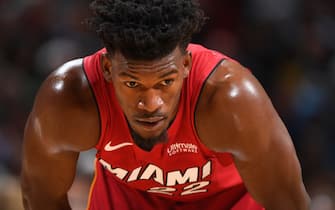 DENVER, CO - NOVEMBER 5: Jimmy Butler #22 of the Miami Heat looks on against the Denver Nuggets on November 5, 2019 at the Pepsi Center in Denver, Colorado. NOTE TO USER: User expressly acknowledges and agrees that, by downloading and/or using this Photograph, user is consenting to the terms and conditions of the Getty Images License Agreement. Mandatory Copyright Notice: Copyright 2019 NBAE (Photo by Garrett Ellwood/NBAE via Getty Images)