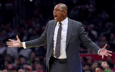 LOS ANGELES, CALIFORNIA - NOVEMBER 06:  LA Clippers coach Doc Rivers reacts to a Giannis Antetokounmpo #34 of the Milwaukee Bucks block during the first half at Staples Center on November 06, 2019 in Los Angeles, California. (Photo by Harry How/Getty Images)  NOTE TO USER: User expressly acknowledges and agrees that, by downloading and or using this photograph, User is consenting to the terms and conditions of the Getty Images License Agreement.