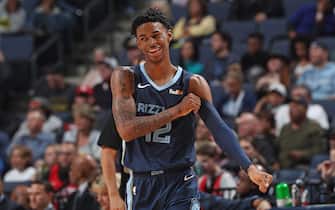 MEMPHIS, TN - NOVEMBER 4: Ja Morant #12 of the Memphis Grizzlies smiles during the game against the Houston Rockets on November 4, 2019 at FedExForum in Memphis, Tennessee. NOTE TO USER: User expressly acknowledges and agrees that, by downloading and or using this photograph, User is consenting to the terms and conditions of the Getty Images License Agreement. Mandatory Copyright Notice: Copyright 2019 NBAE (Photo by Joe Murphy/NBAE via Getty Images)