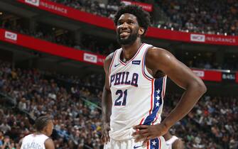 SALT LAKE CITY, UT - NOVEMBER 6: Joel Embiid #21 of the Philadelphia 76ers looks on during the game against the Utah Jazz on November 6, 2019 at vivint.SmartHome Arena in Salt Lake City, Utah. NOTE TO USER: User expressly acknowledges and agrees that, by downloading and or using this Photograph, User is consenting to the terms and conditions of the Getty Images License Agreement. Mandatory Copyright Notice: Copyright 2019 NBAE (Photo by Melissa Majchrzak/NBAE via Getty Images)
