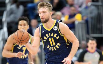 INDIANAPOLIS, INDIANA - NOVEMBER 06:   Domantas Sabonis #11 of the Indiana Pacers dribbles the ball against the Washington Wizards at Bankers Life Fieldhouse on November 06, 2019 in Indianapolis, Indiana.     NOTE TO USER: User expressly acknowledges and agrees that, by downloading and or using this photograph, User is consenting to the terms and conditions of the Getty Images License Agreement. (Photo by Andy Lyons/Getty Images)