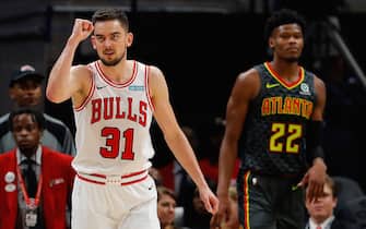 1185994750 ATLANTA, GEORGIA - NOVEMBER 06: Tomas Satoransky #31 of the Chicago Bulls reacts after hitting a three-point basket against Cam Reddish #22 of the Atlanta Hawks as time expires to end the first half at State Farm Arena on November 06, 2019 in Atlanta, Georgia. NOTE TO USER: User expressly acknowledges and agrees that, by downloading and/or using this photograph, user is consenting to the terms and conditions of the Getty Images License Agreement. (Photo by Kevin C. Cox/Getty Images)